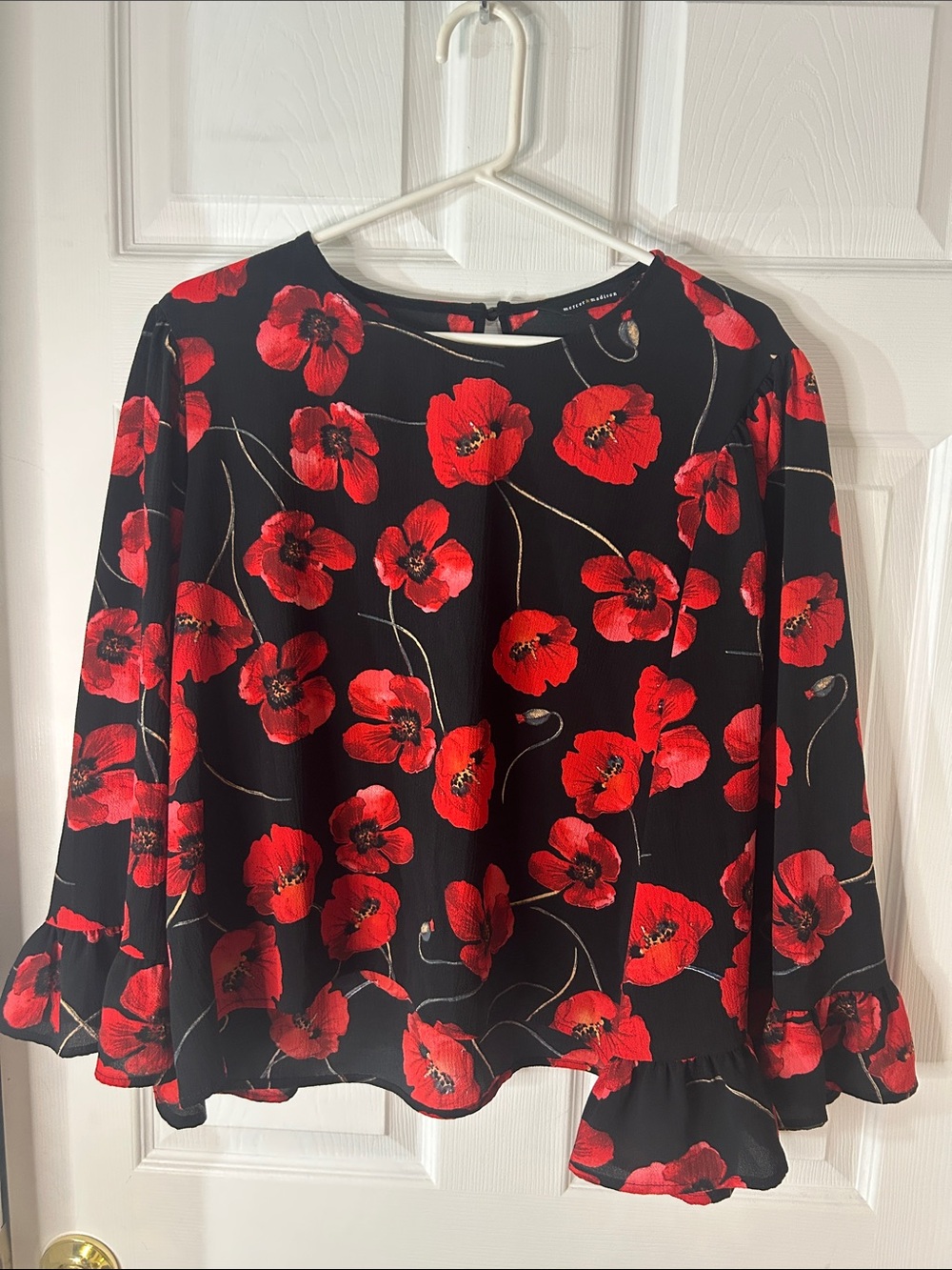 mercer & madison Black Blouse with Red Poppy Print